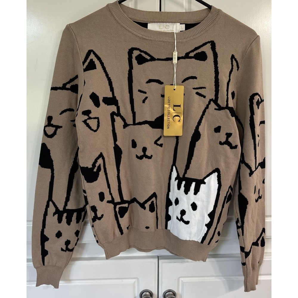 NWT‎ Women's Lizette Collection Cat Print Knit Pullover Sweater Size Small